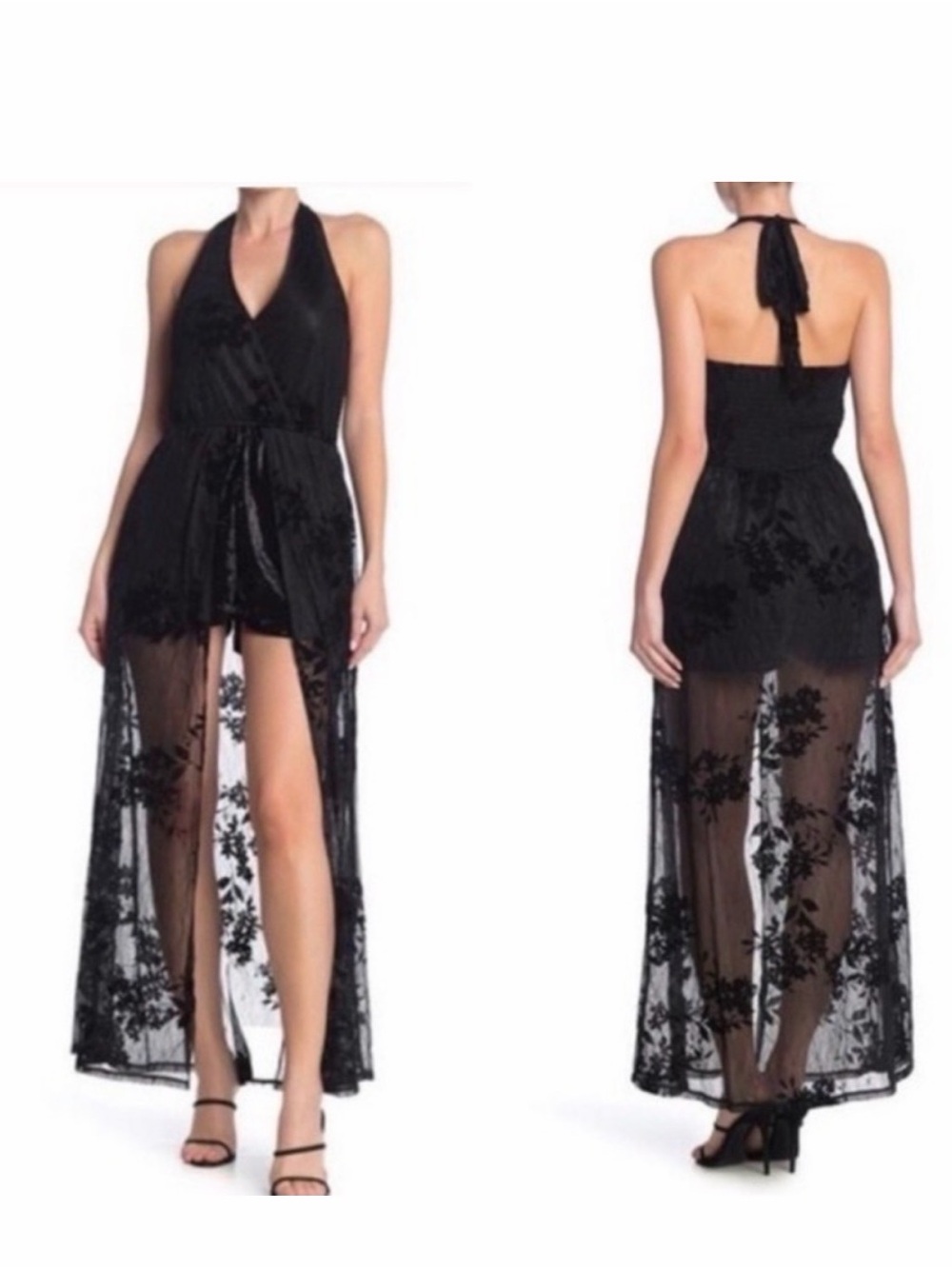 Band of Gypsies Black Halter High-Low Sheer Floral Overlay Dress size M